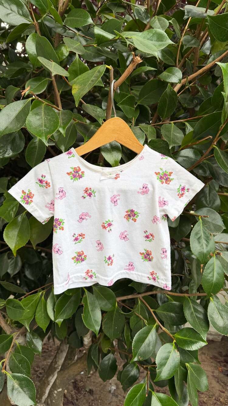 Vintage American Weekend Floral Teddy Bear Short Sleeve Top